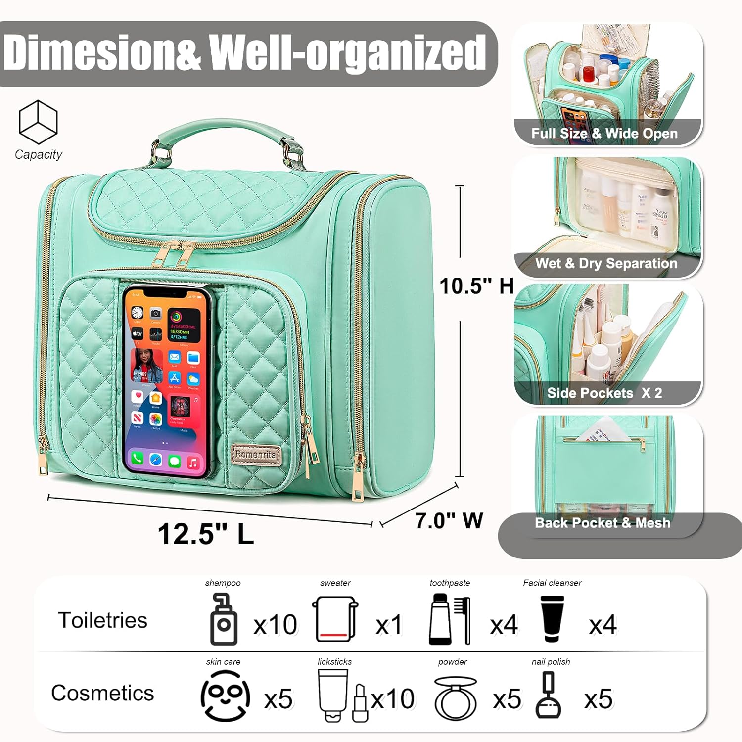 Travel Toiletry Bag for Women, Hanging Toiletry Bag, Bathroom Bag Portable Shower Caddy for College Dorm Travel Shower Bag for Women Water-Resistant Cosmetic Makeup Bag (Green)
