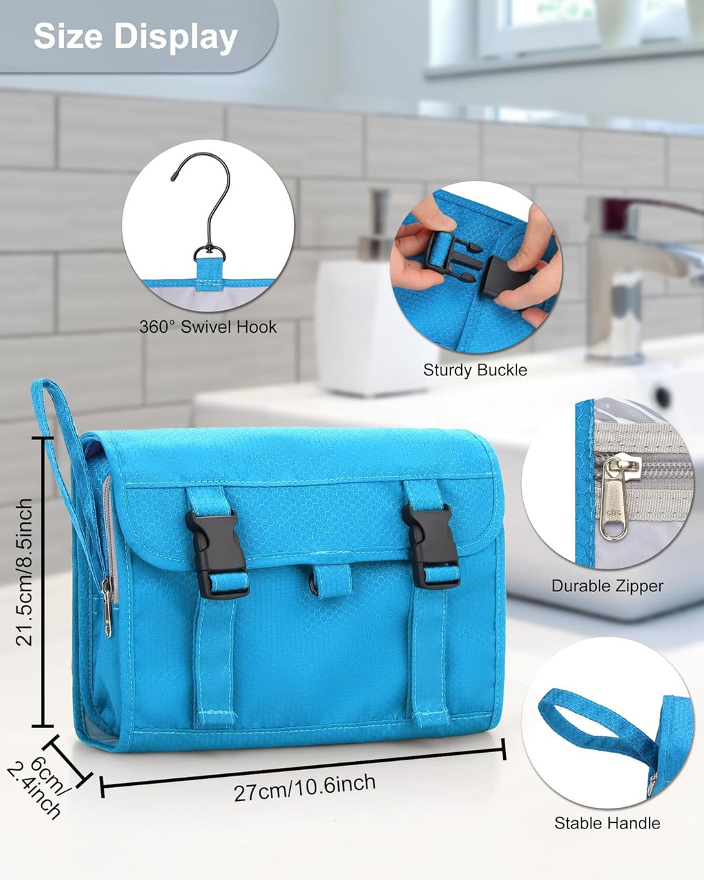 Relavel Travel Hanging Toiletry Bag for Women Men Large Capacity Makeup Bag Waterproof Cosmetic Storage Organizer Case for Bathroom Shower (Blue)
