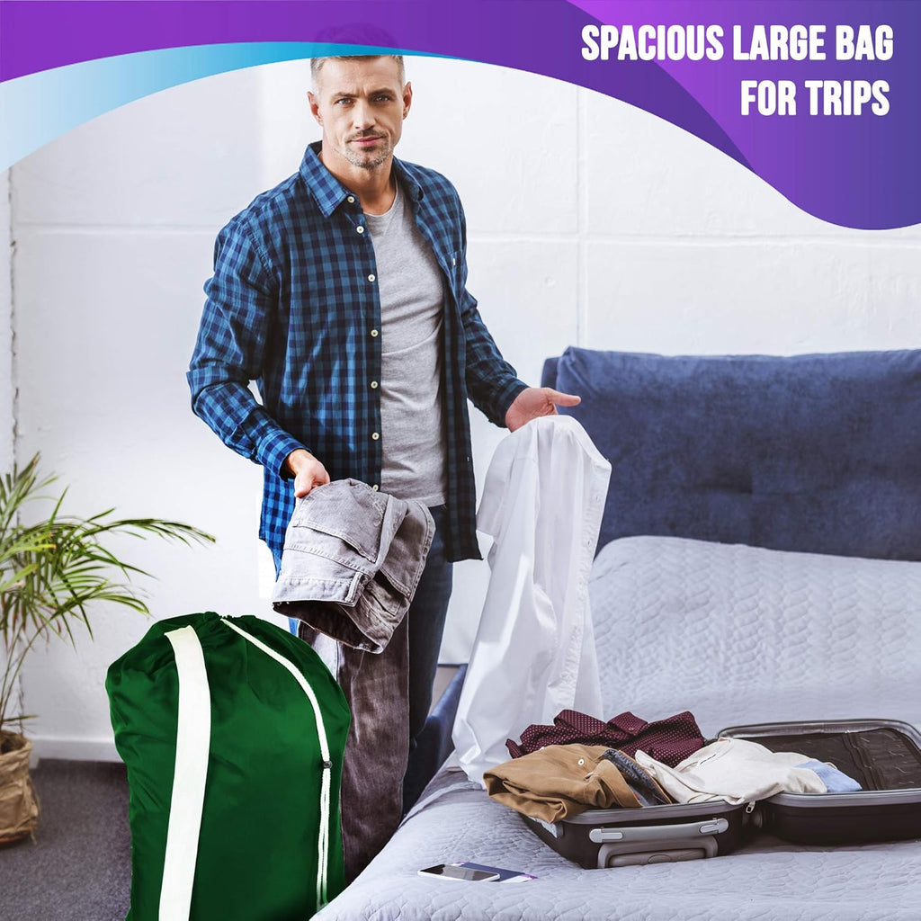 American Laundry Bags | Backpack with Shoulder Strap 2 piece set | Heavy Duty Clothes Holder | Travel Hamper for College Dorm | Portable Wash Bag | Green color | 30" x 40" size | Made in the USA