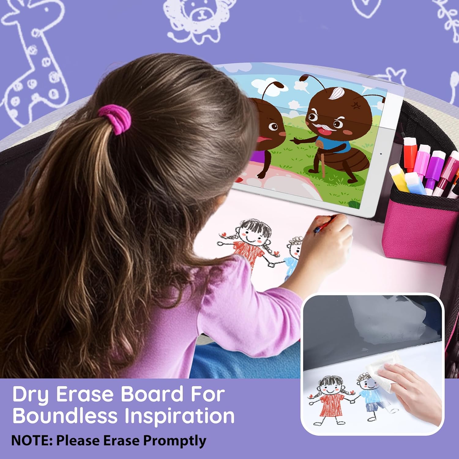 2Pcs ‎Kids Travel Tray, Kids Travel Trays for Car Seat, Road Trip Essentials for Toddler, Carseat Lap Tray with Dry Erase Board & Storage Organizer for Road Trip Activities for Kid, Pink