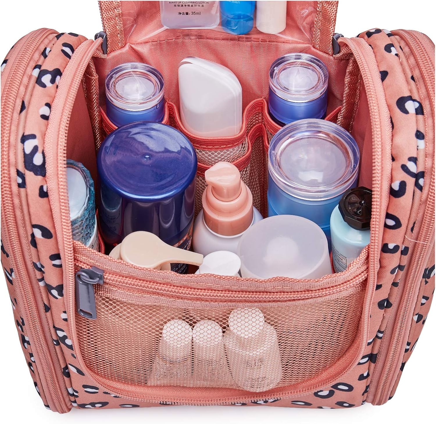 Narwey Small Hanging Cheetah Toiletry Bag Women Travel Makeup Bag Organizer Toiletries Bag for Travel Size Essentials Accessories Cosmetics (Medium, Orange Leopard)