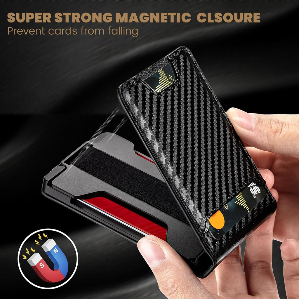Wallet for Men Newly Upgraded Magnetic Minimalist Slim Men’s Wallet, RFID Blocking Mens Wallet with Money Clip & ID Window, Metal Compact Wallet with Nice Gift Box (Carbon Fiber)