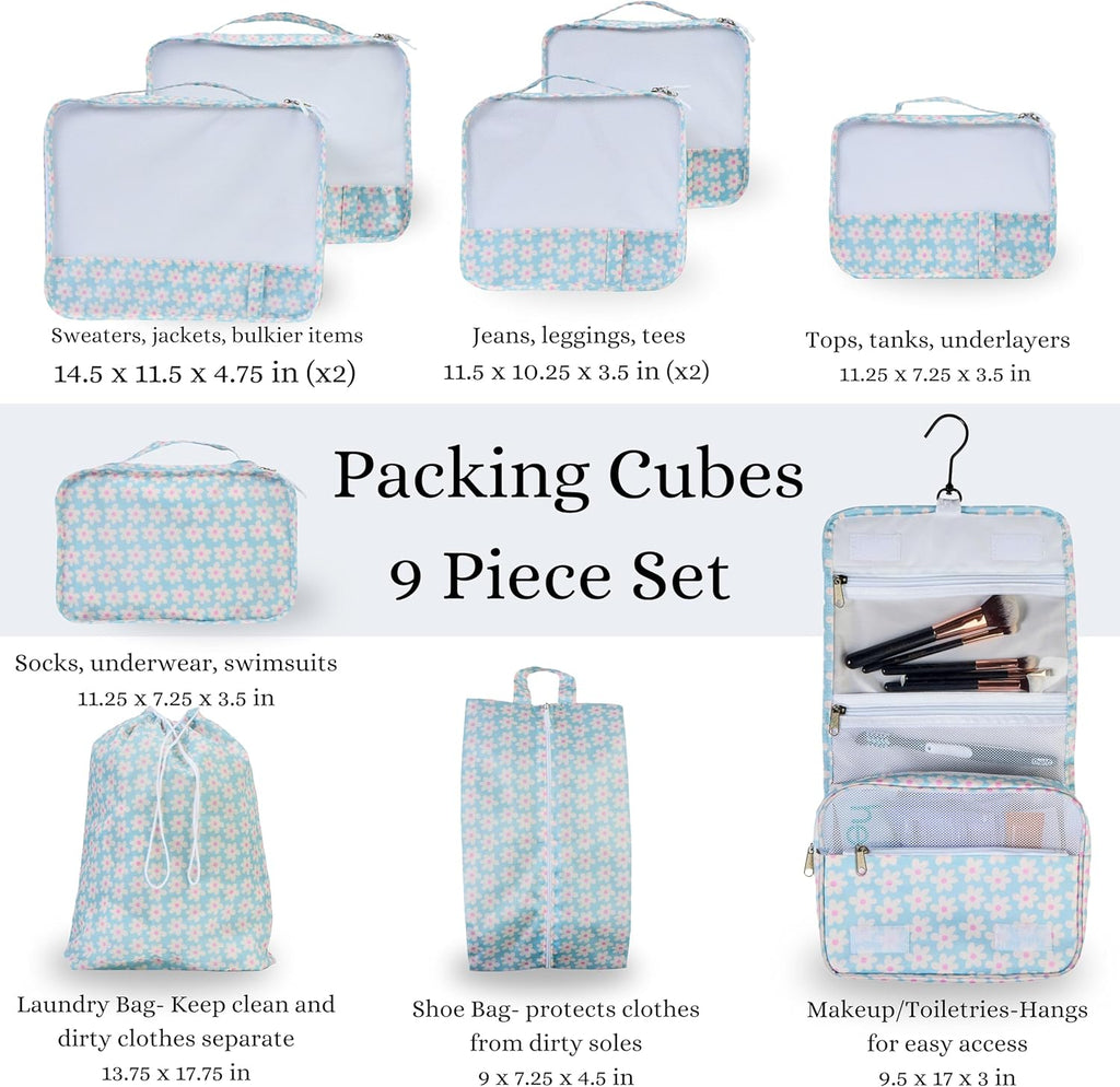 9 Set Packing Cubes - Suitcase Organizer, Cute Packing Cubes, Travel Bags Organizer for Luggage with Hanging Toiletry and Shoe Bag, Travel Essentials for Women, Men and Kids -Blue Flower