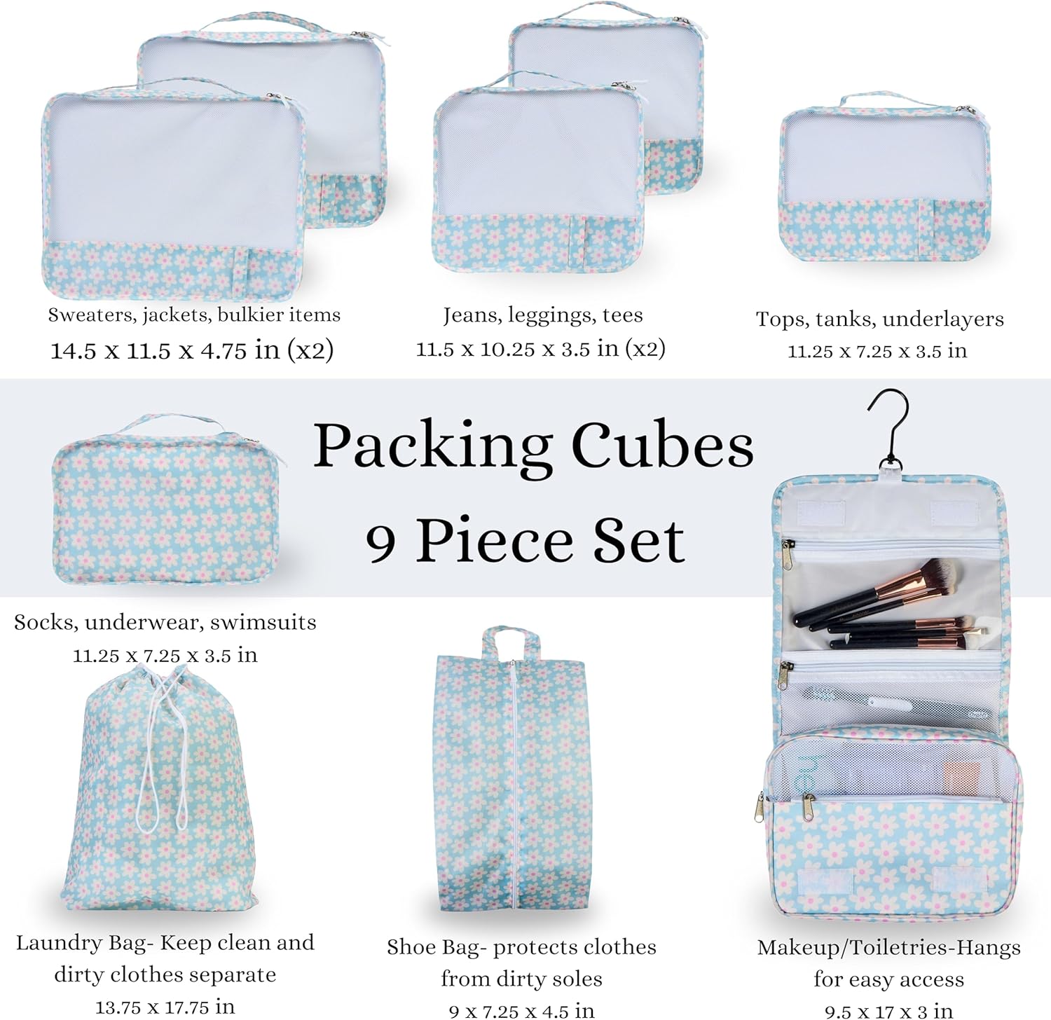 9 Set Packing Cubes - Suitcase Organizer, Cute Packing Cubes, Travel Bags Organizer for Luggage with Hanging Toiletry and Shoe Bag, Travel Essentials for Women, Men and Kids -Blue Flower