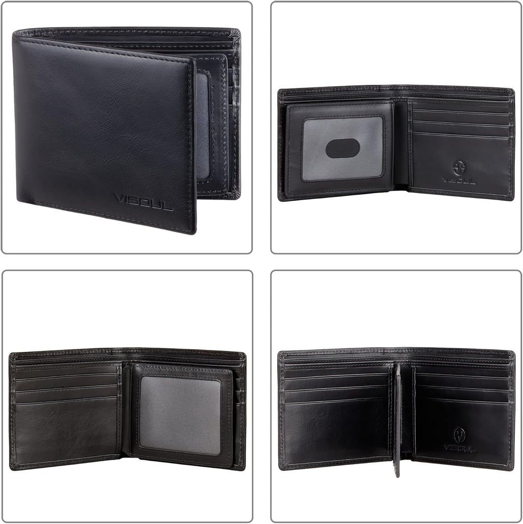 VISOUL Leather Mens Bifold RFID Blocking Wallet with 2 ID Windows, Leather Wallet for Men (Leather, Black)