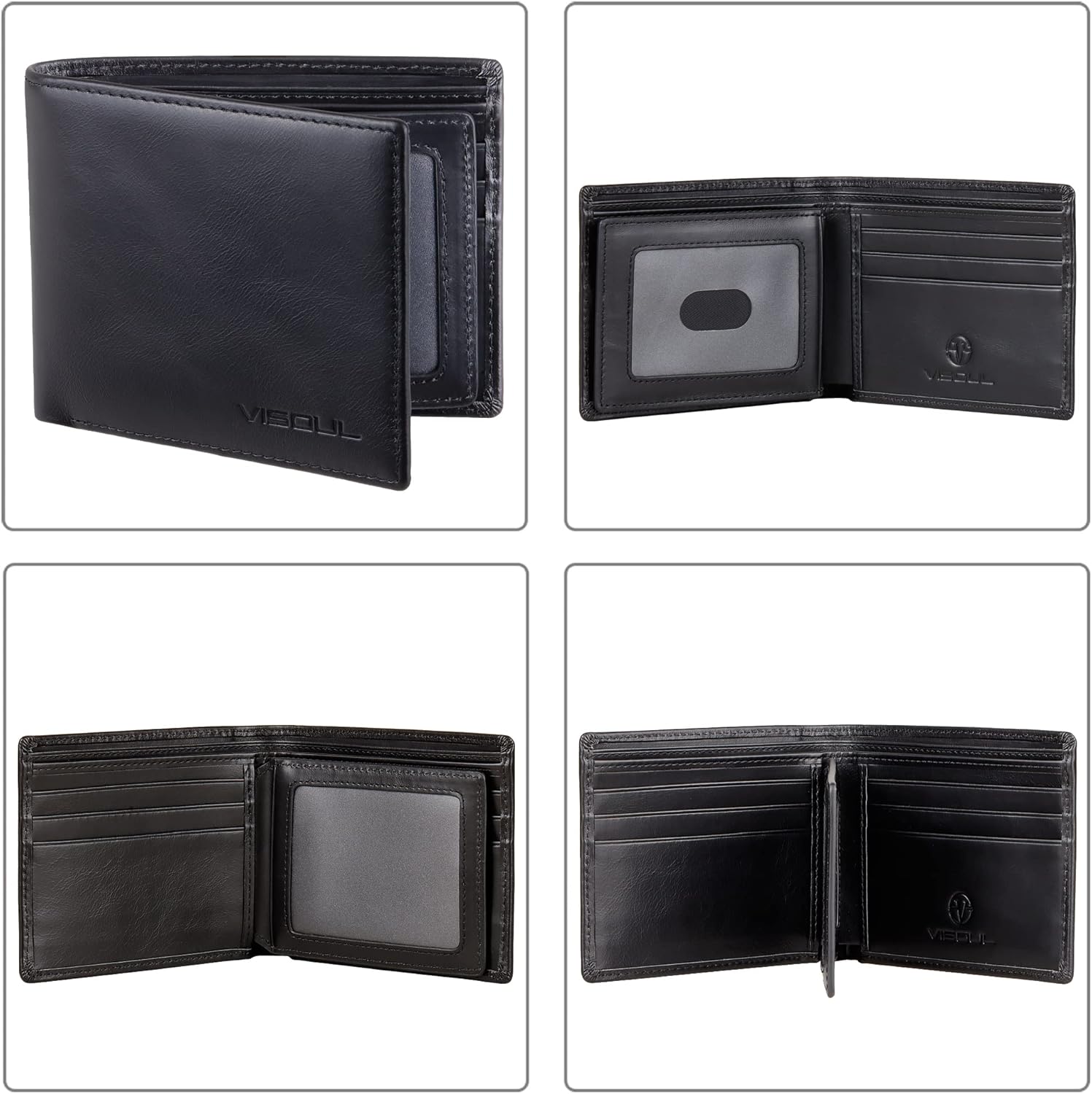 VISOUL Leather Mens Bifold RFID Blocking Wallet with 2 ID Windows, Leather Wallet for Men (Leather, Black)