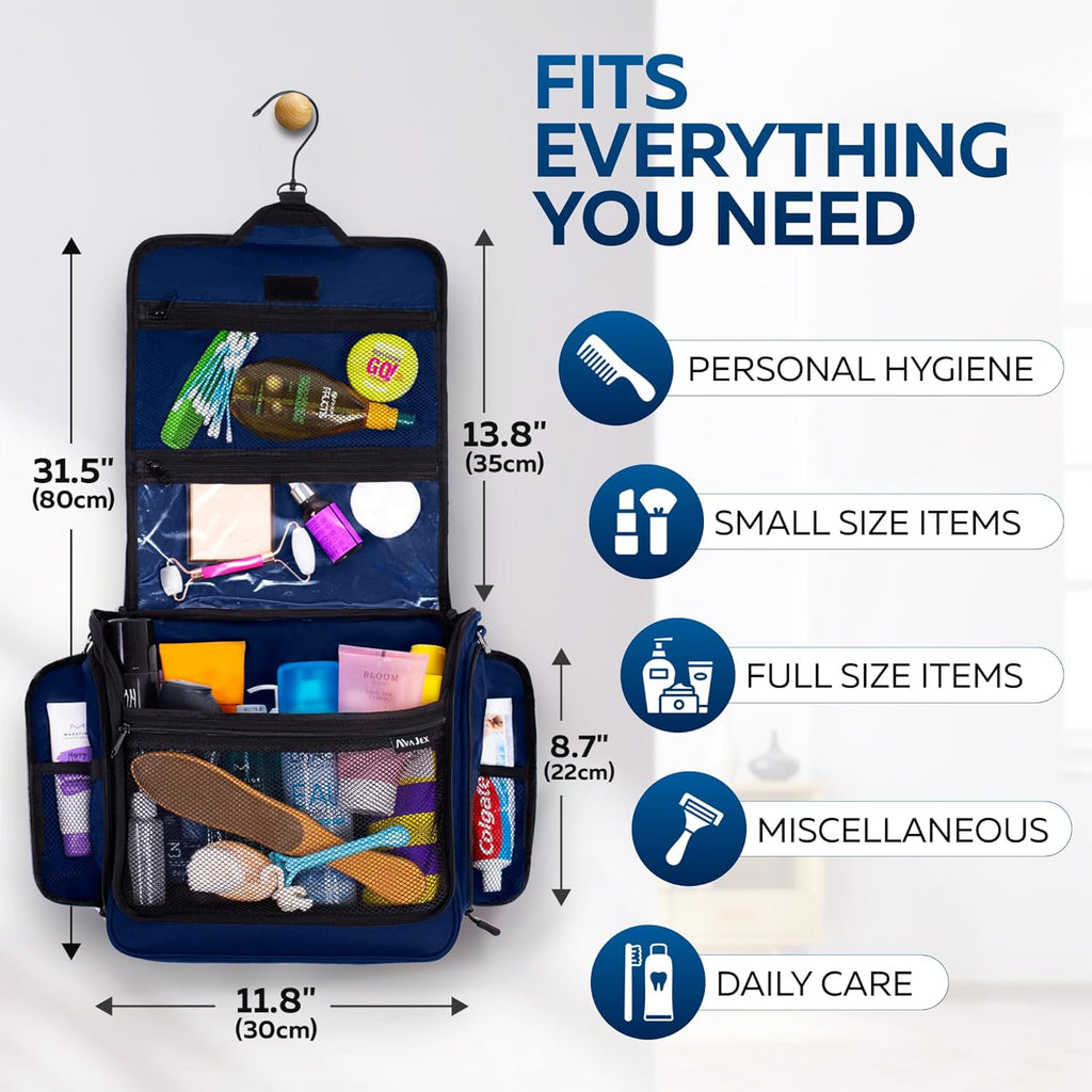 Extra Large Hanging Travel Toiletry Bag for Men and Women - Cosmetic Travel Bag With Shoulder Strap - Waterproof Hygiene Bag with Metal Xxl Swivel Hook and 19 Compartments for Toiletries