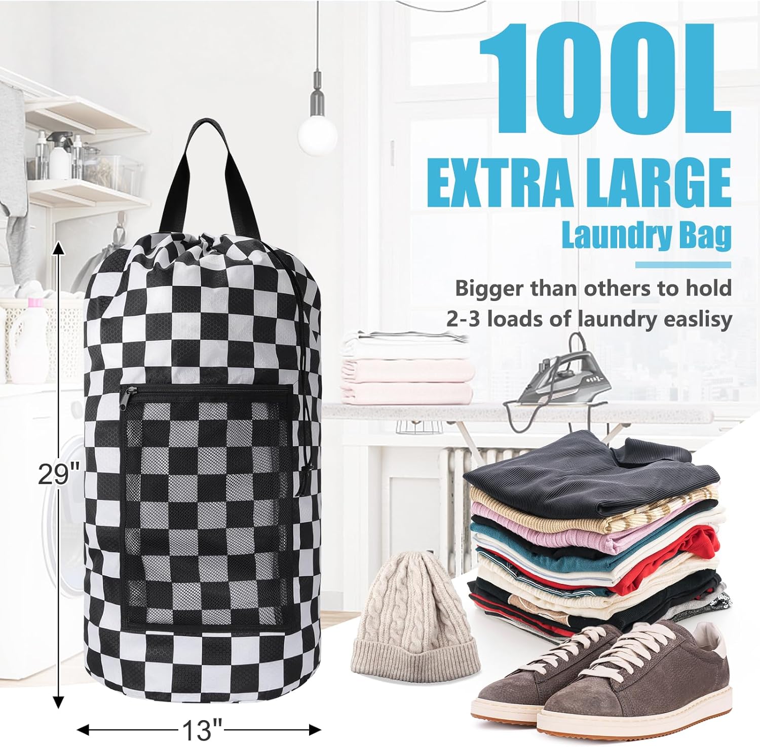 Positive Square Travel Laundry Bag Backpack, Portable with Adjustable Straps, Drawstring Closure & Mesh Pocket - Perfect for College, Apartment & Camping