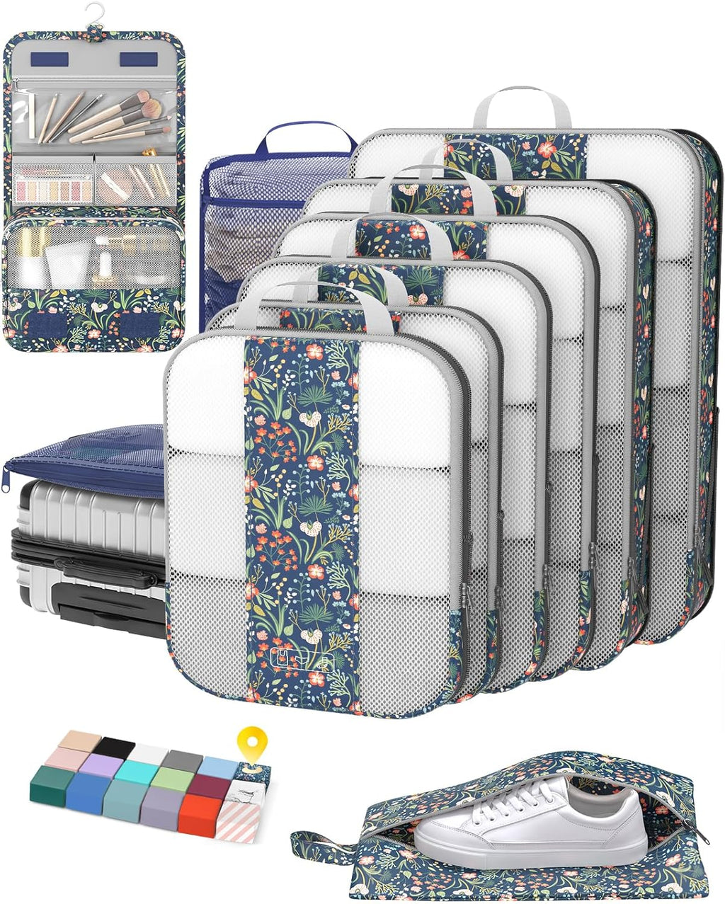 10 Set Compression Packing Cubes for Travel Essentials,Compressible Expandable Packing Cubes for Suitcase,OlarHike Luggage Organizer Bags,Handy Helper for Organizing Clothes(Dark Blue Floral)