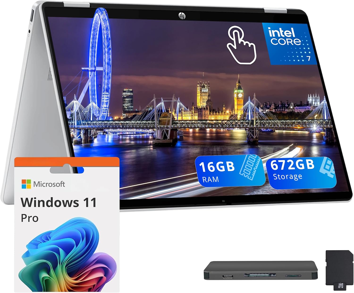 HP OmniBook 5 Flip 2-in-1 14" 2K Touchscreen Laptop, Intel 7 150U, 16GB LPDDR5, 672GB Storage(512GB SSD+160GB Docking Station Set), Backlit Keyboard, 5MP IR Camera, Wi-Fi 6E, Windows 11 Pro, Silver