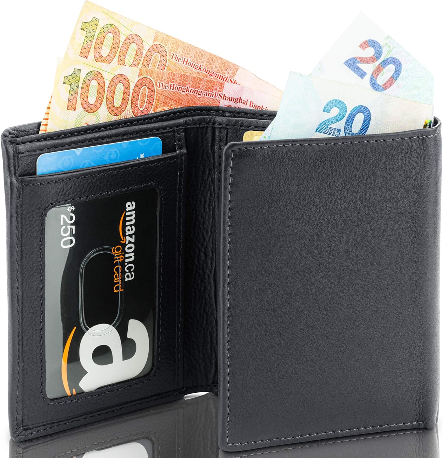 ID Stronghold Men's Leather Trifold Wallet - RFID Blocking - Black Wallet with Gift Box