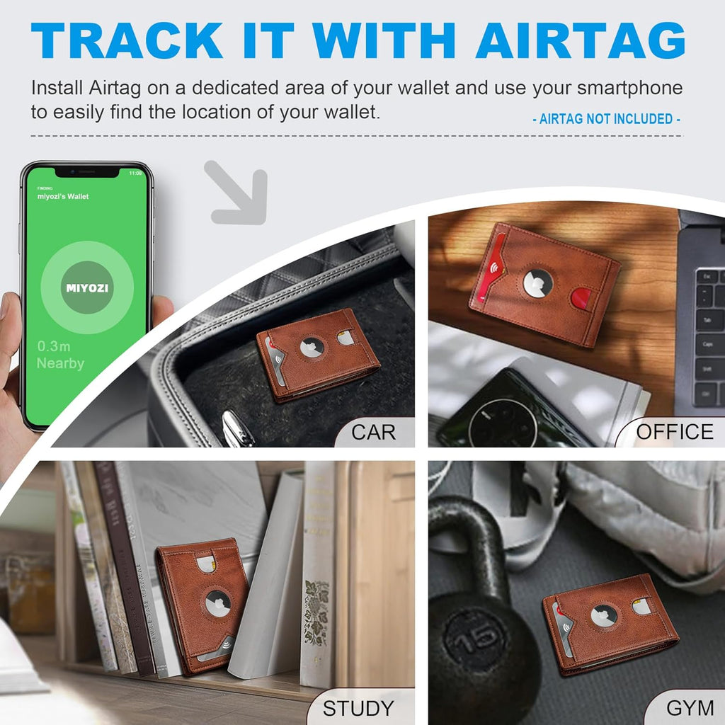 Airtag Wallet for Men,with Cash Pocket 2 ID Window 13 Cards,Slim Leather Wallet Front Pocket Card Holder RFID Blocking with Gift Box