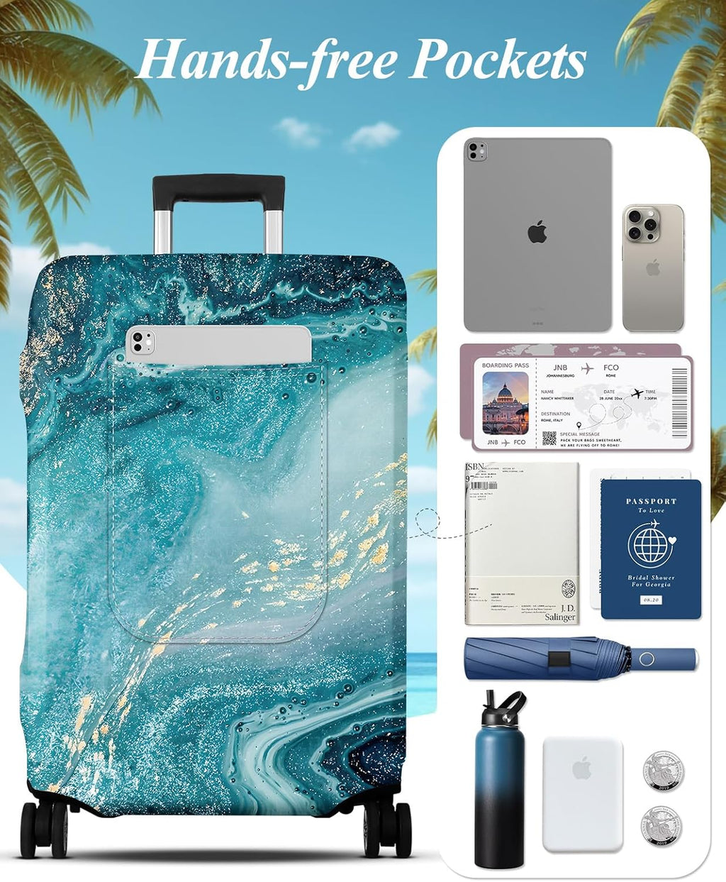 Slohif Luggage Cover for Suitcase Tsa Approved Protector - Luggage Sleeve Large Suit Case Cover Travel Stretch Baggage Case Protective Washable Fit 22-24 Inch Sea Wave S