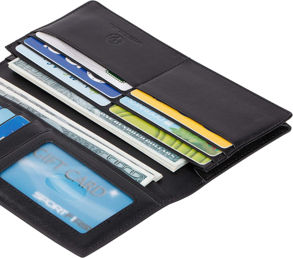 VISOUL Mens Leather Long Checkbook Bifold Wallets with RFID Blocking, Carbon Fiber Leather Tall Wallets for Men (Black+Black)
