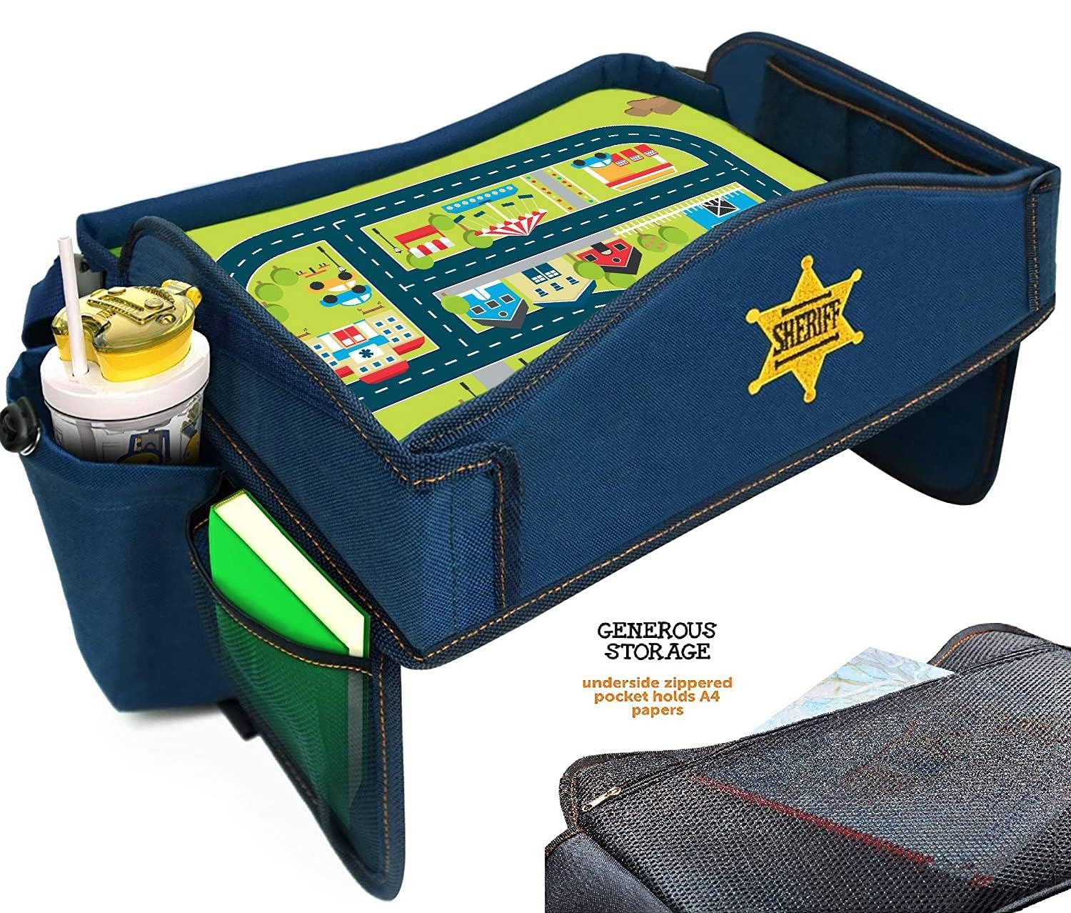 Coolmum Kids Travel Tray, Toddler Car Seat Tray, Double Sided Activity Organizer, Snack Lap Table, Baby Stroller Tray, Airplane Play Table, Waterproof and Foldable (Premium Blue)