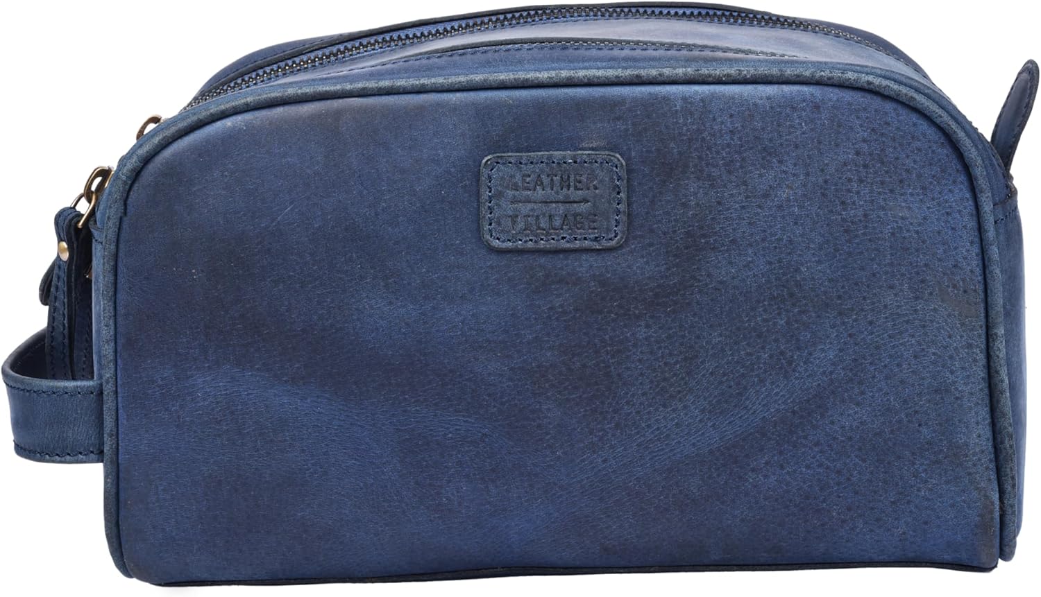 LEATHER VILLAGE Premium Leather Toiletry Travel Pouch With Waterproof Lining - Blue | King-Size Handcrafted Vintage Dopp Kit Bag