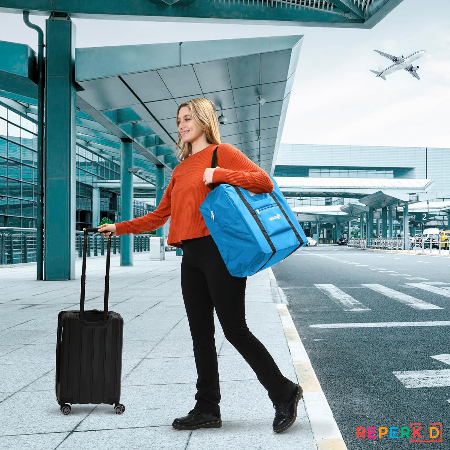 Reperkid Booster Seat Travel Bag for Airplane, Blue, 17" H x 16.5" W x 9.5" D, Compatible with Gb Pockit Stroller and Most Boosters– Premium Waterproof Cover, Hand Bag Design, Durable Zipper