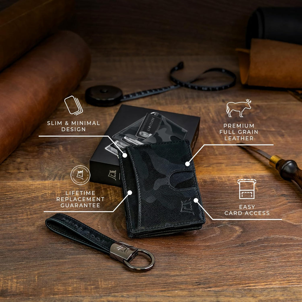 Kings Loot Money Clip Slim Minimalist Wallet for Men | RFID Blocking Leather Design with Money Clip | Front Pocket Bifold Holds 12 Cards | Stylish & Compact Wallets (Camo Black)