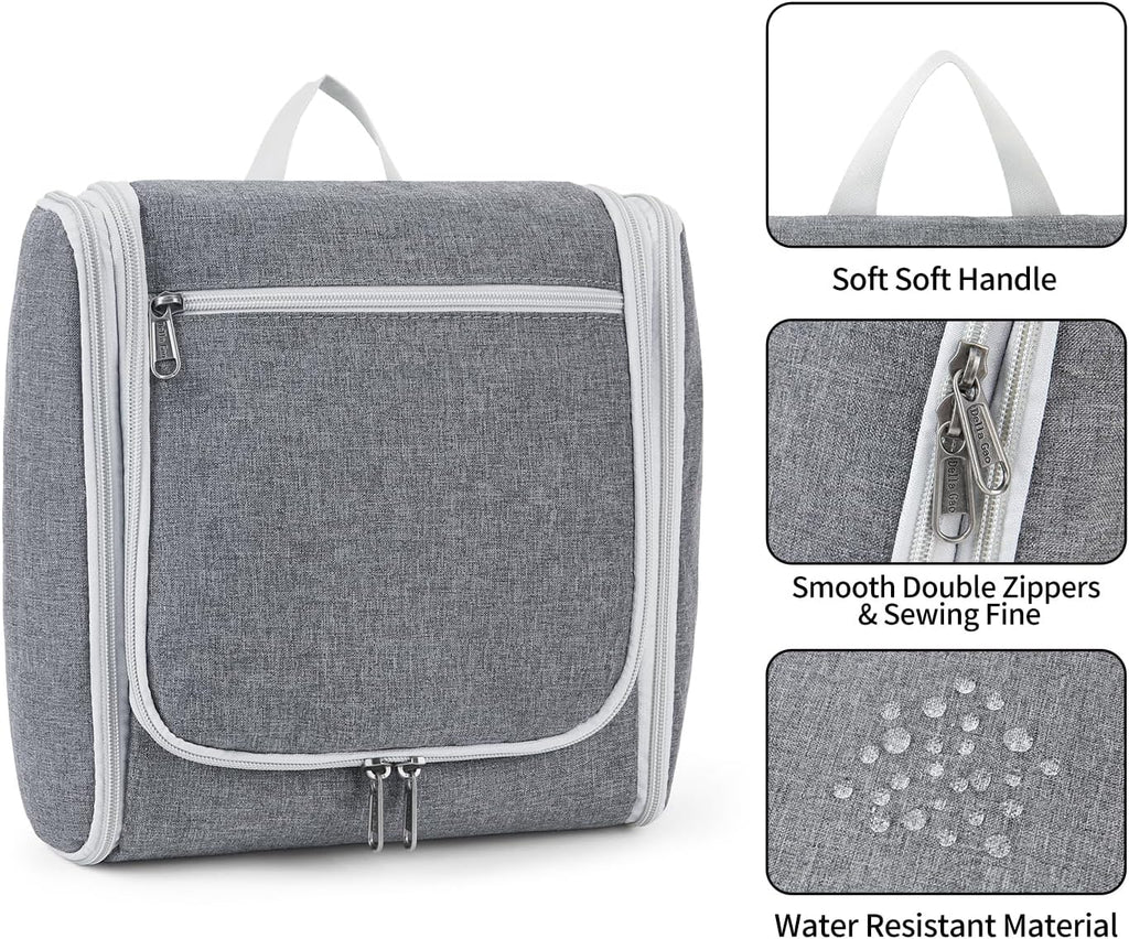 Della Gao Travel Hanging Toiletry Bag for Men and Women, Large Capacity Cosmetics Bag Makeup Bag Organizer, Bathroom Bag, Water-Resistant Nylon, Grey