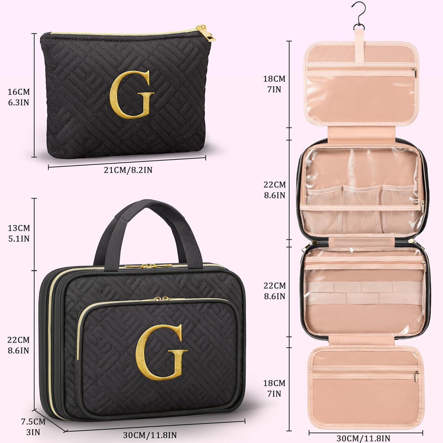 Gifts for Women, Initial Toiletry Makeup Bag Hanging Cosmetic Organizer with Embroidery Letter Personalized Nurse Teacher Appreciation Gift Birthday Christmas Gifts for Mom Sister Wife Friend Auntie