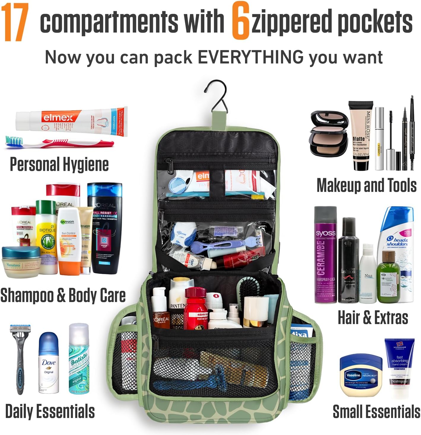 VENTURE 4TH Hanging Travel Toiletry Bag for Women & Men - Travel Organizer with Expandable Compartments & Removable Clear Pouch for Toiletries (Olive Giraffe)