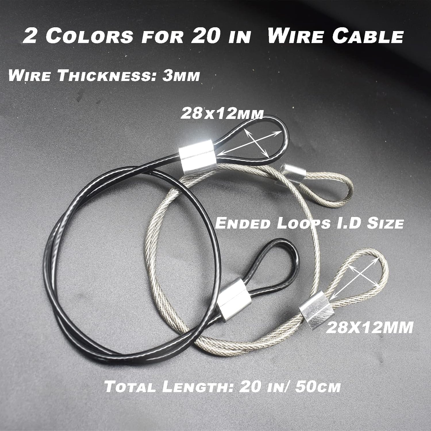 10 pcs 20 inch (50cm) 3mm Thickness Stainless Steel Wire Cable with Loops Vinyl Cover Coated Short Rope Lanyard Lock Safety Tether Chains, Black