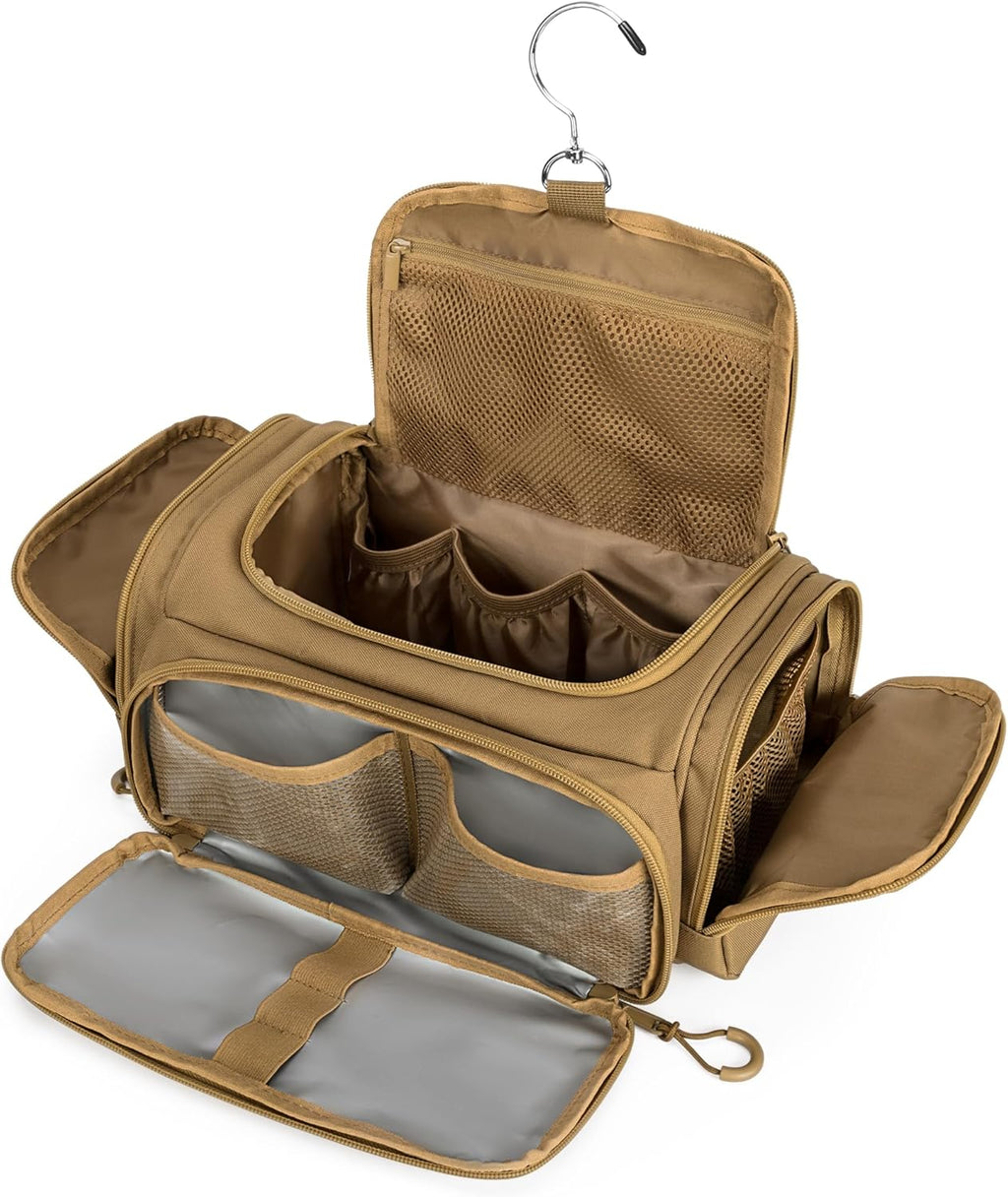 Tactical Toiletry Bag for Men, Hanging Hygiene Bag, Travel Dopp Kit Organizer for Shaving, Shower Essentials and Toiletries, Khkai (Empty Bag)