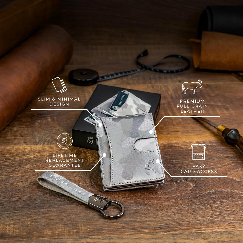 Kings Loot Money Clip Slim Minimalist Wallet for Men | RFID Blocking Leather Design with Money Clip | Front Pocket Bifold Holds 12 Cards | Stylish & Compact Wallets (Camo White)