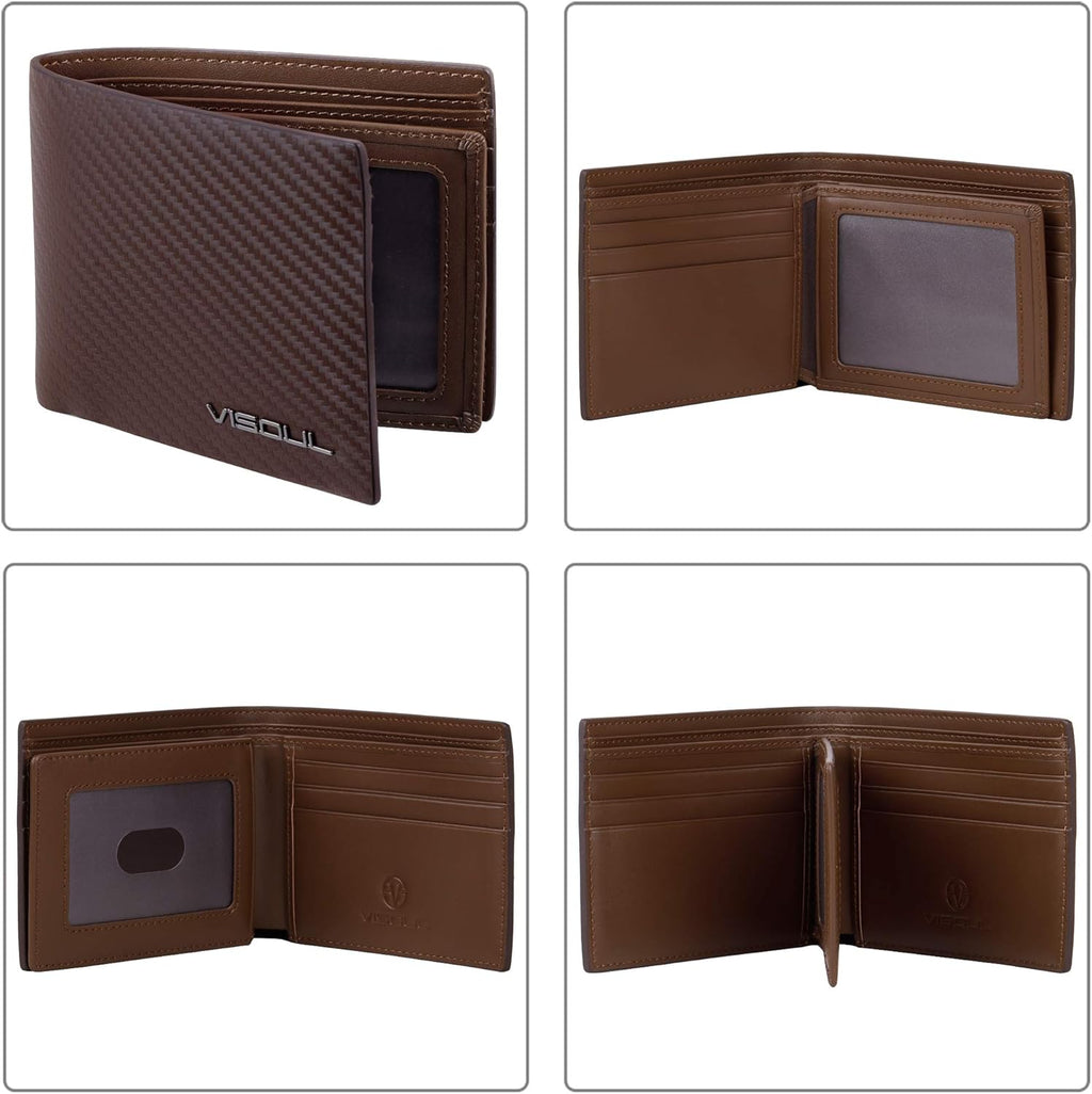 VISOUL Mens Carbon Fiber Leather Bifold Wallet with 2 ID Windows, RFID Blocking Stylish Wallet for Men with 2 Cash Compartments (Brown+Brown)