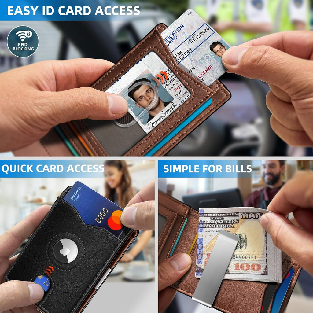 Airtag Wallet for Men,with Money Clip 11 Cards Slim Front Pocket Leather RFID Blocking Wallet with Gift Box