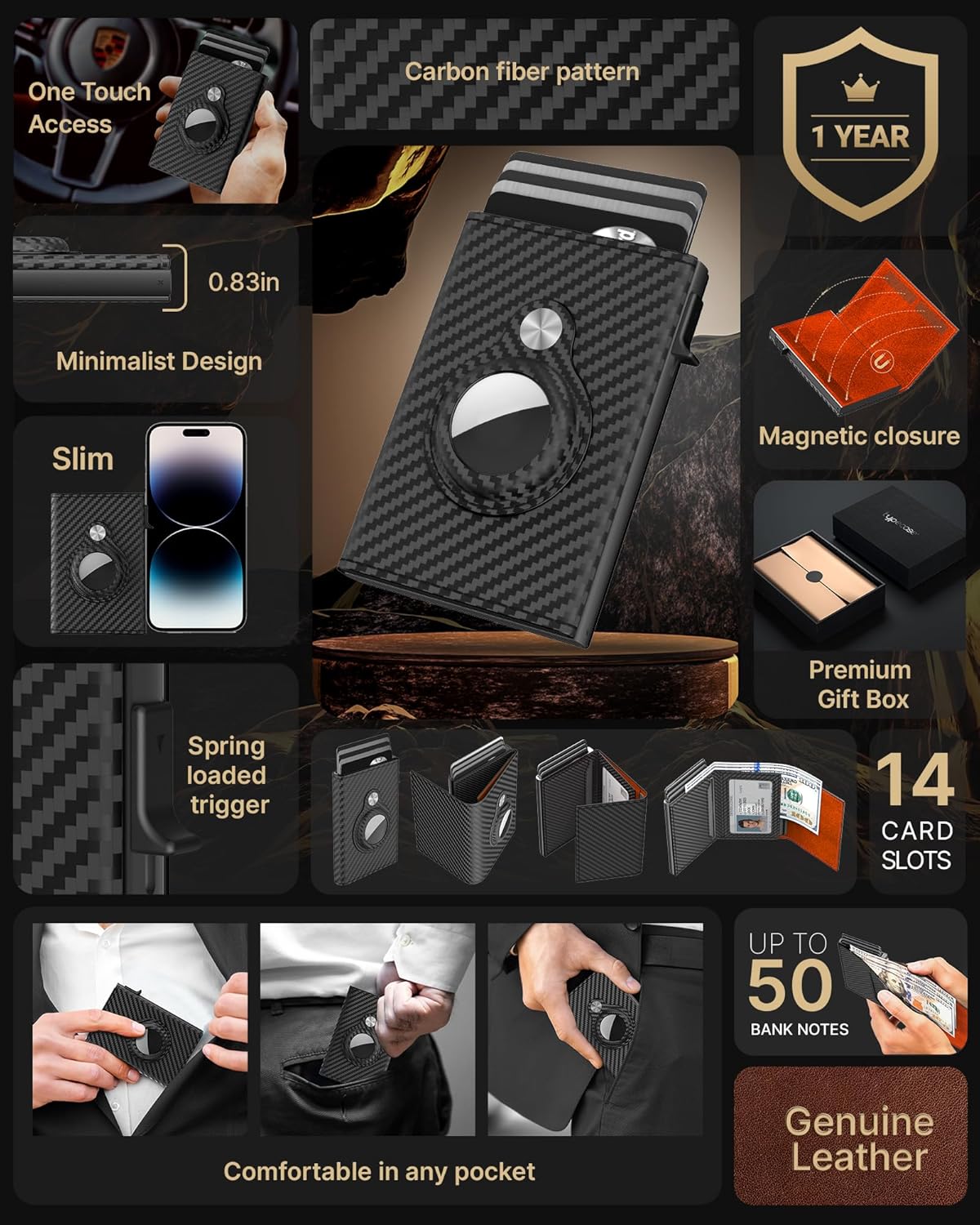 typecase Mens Wallet Card Holder for AirTag: Leather Smart Wallet for Men Compatible with Apple Air Tag, RFID Blocking, Slim, Minimalist - 9-14 Card Capacity | ID Window | Cash Slot (Orange)