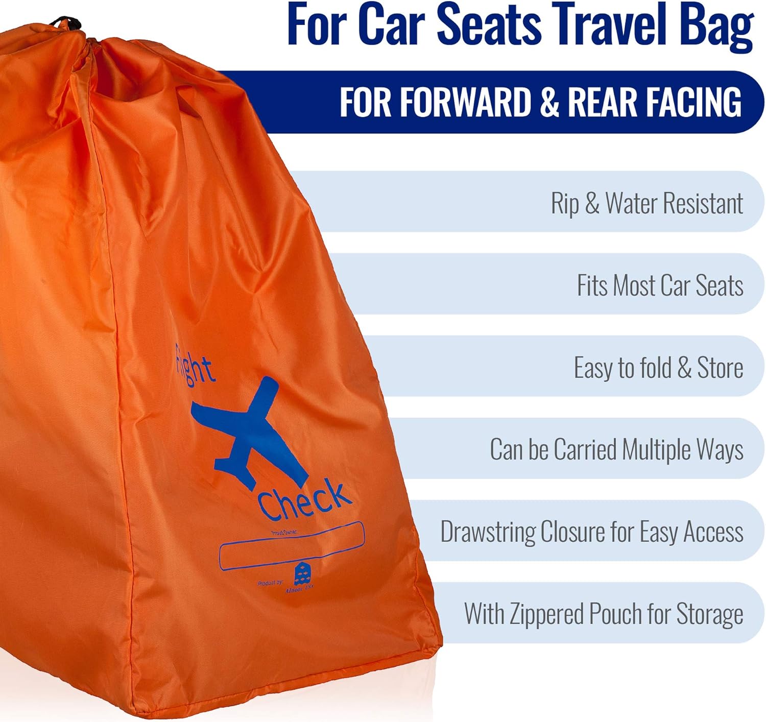 Car Seat Travel Bag and Carrier for Gate Check with Travel Pouch - Bright Orange with Blue Letters for Airport, Airplane Gate Check, Car Trips and Storage Double Backpack Straps | Carseat Bag for sto