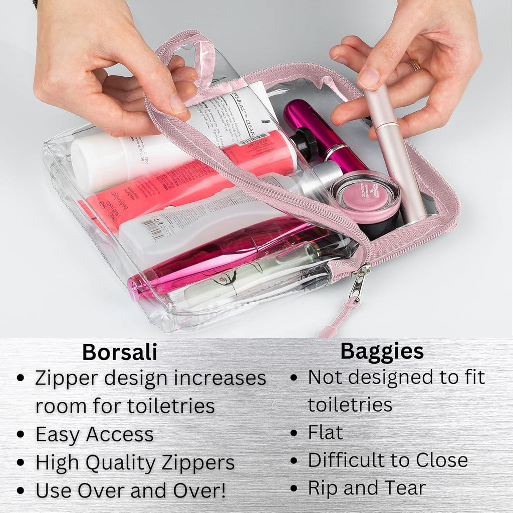 BORSALI TSA-Approved Quart-Sized Bag for Carry-On Travel - One (1) Quart Clear Toiletries, Cosmetic and 3-1-1 Liquids Toiletry Bag - Rose