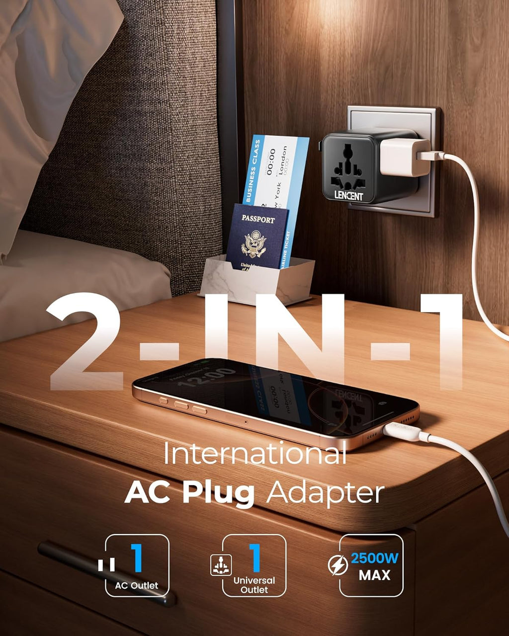 LENCENT Universal Travel Plug Adapter,International Power Adaptor with Dual AC Outlet, Worldwide Wall Charger for US to Europe UK Iceland Spain Italy France Australia(Type C/G/A/I),Black