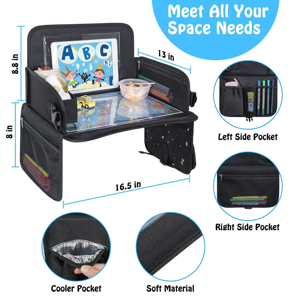 MENZOKE Kids Travel Tray, Travel Tray for Kids Car Seat with Educational Drawing Board, Tablet Holder & Cooler Cup Holder, Portable Road Trip Essentials Child's Gifts for Car Trip, Airplane, Black