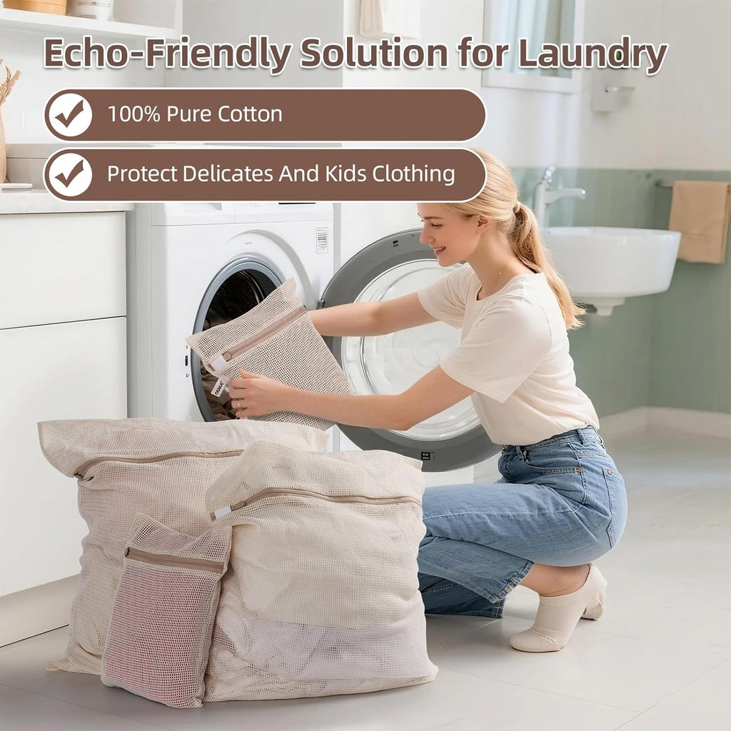 100% Cotton Mesh Laundry Bags, Premium Soft, No Dye, Set of 4, Natural