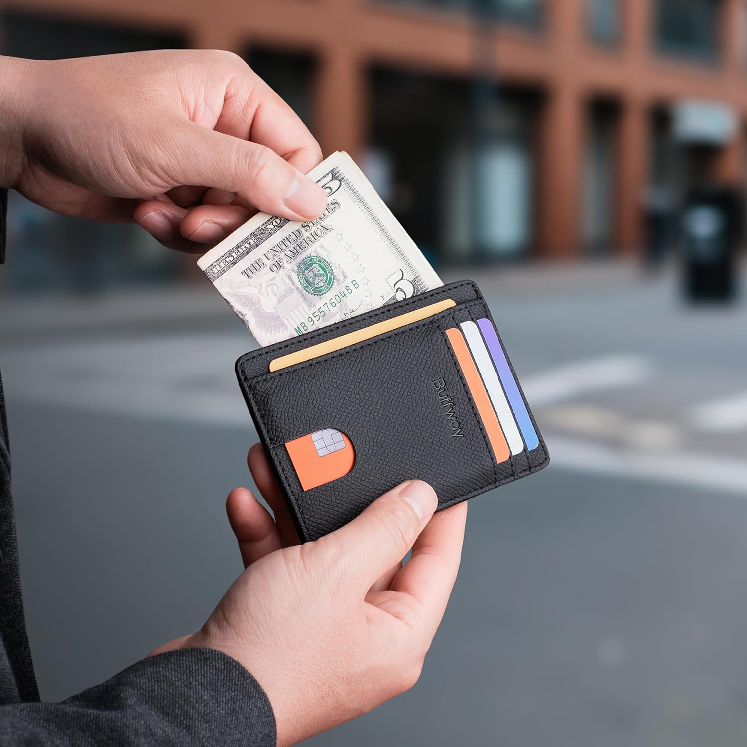 Buffway Slim Minimalist Front Pocket RFID Blocking Leather Wallets for Men and Women - Galaxy Black