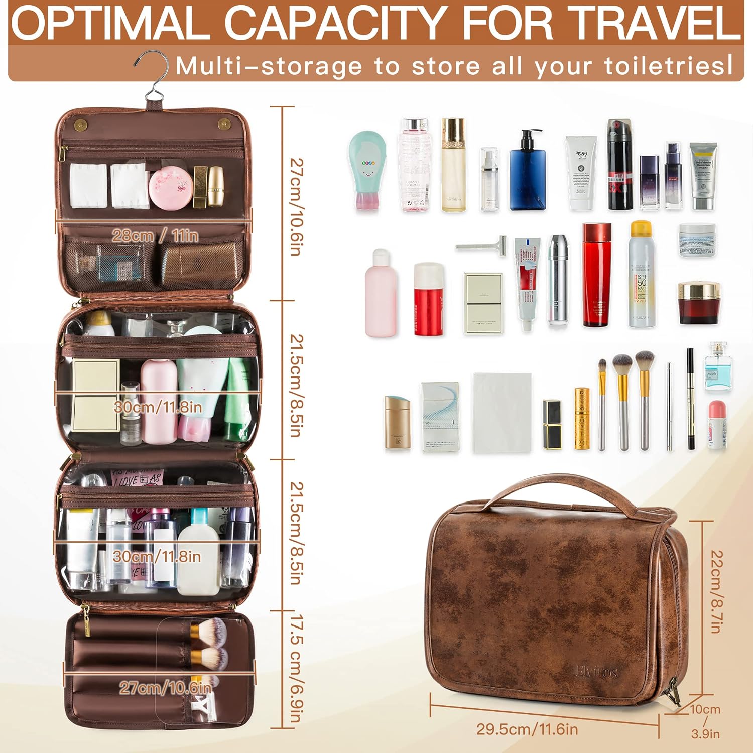 Elviros Hanging Toiletry Bag Removable Travel Bag PU leather Makeup Cosmetic Organizer Kit, Dark Brown