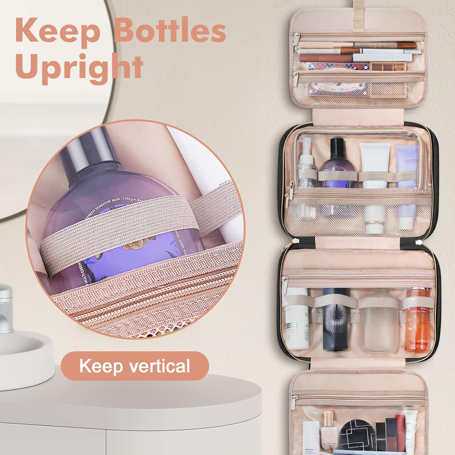 Wedama Toiletry Bag for Women, Large Cosmetic Travel Bag, Hanging Toiletry Bag for Bathroom, Thickened PVC Waterproof Makeup Bag, Toiletries Bag for Travel Business Trips and Camping, Black