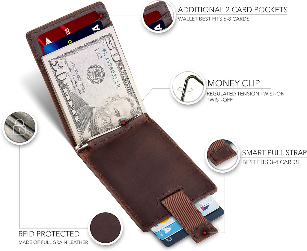 SERMAN BRANDS RFID Blocking Slim Bifold Genuine Leather Minimalist Front Pocket Wallets for Men with Money Clip Thin Gift