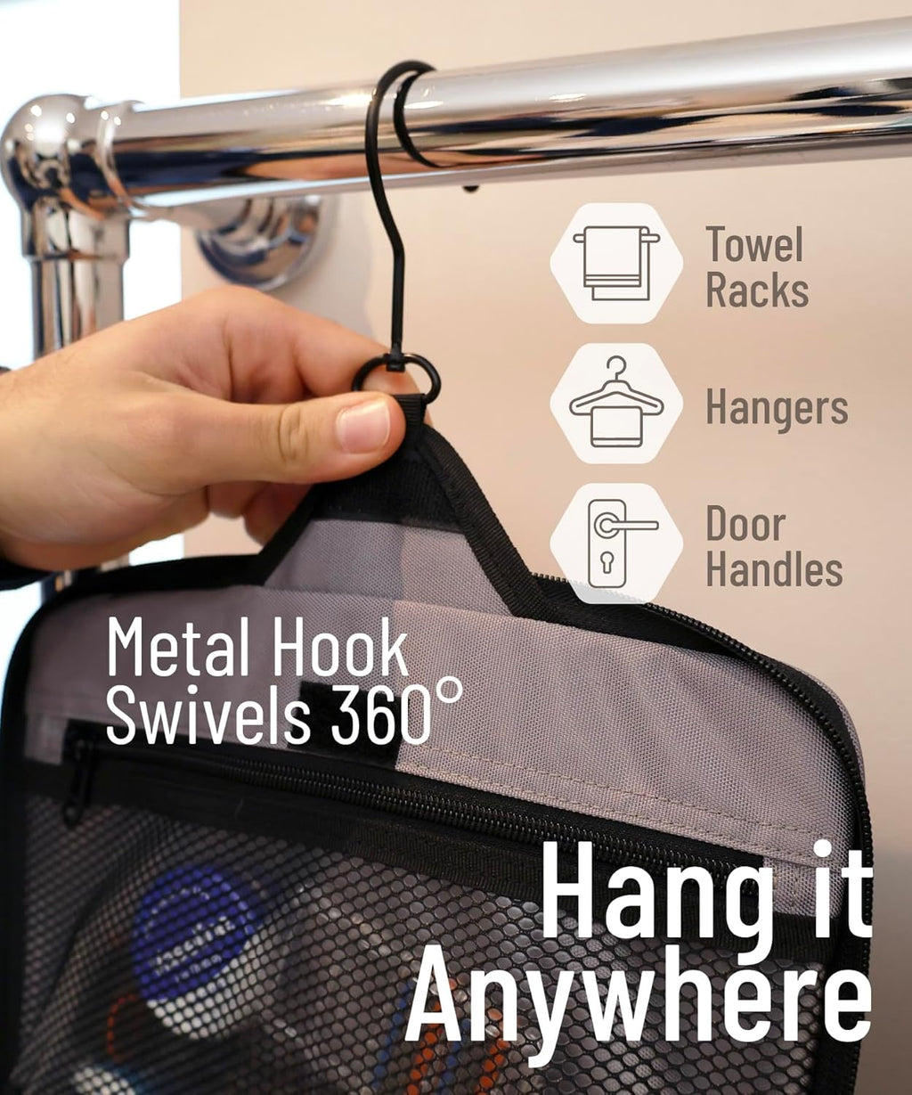 D&D Hanging Travel Toiletry Bag for Men and Women - Extra Large Hanging Shower Bag and Toiletries Organizer Kit with 10 Compartments, Quality Zippers, XXL Metal Swivel Hook, Water-Resistant Nylon