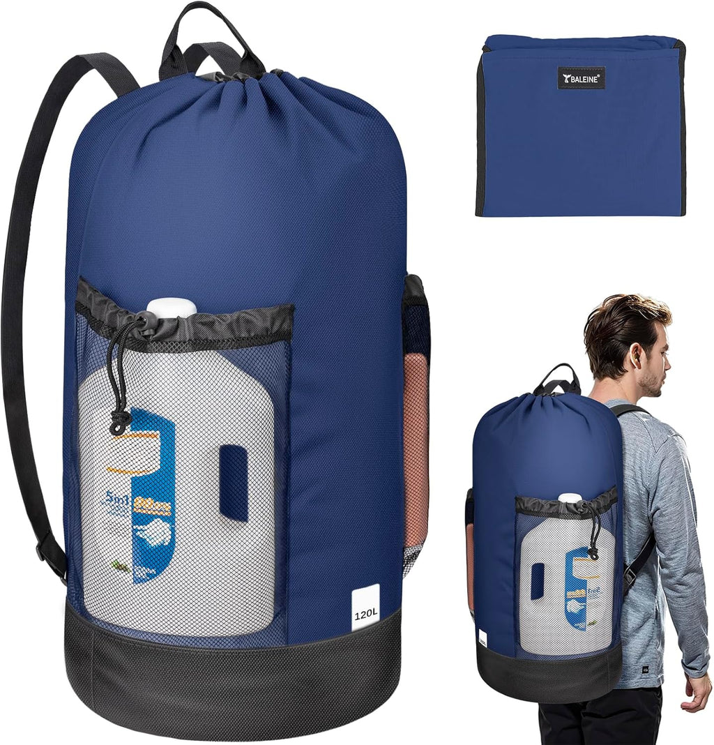 BALEINE 120L Laundry Bag Backpack, 900D Oxford Fabric Large Travel Laundry Bags with Shoulder Straps and 2 Mesh Pockets for College Dorm, Apartment, Laundromat (Navy, 120L)