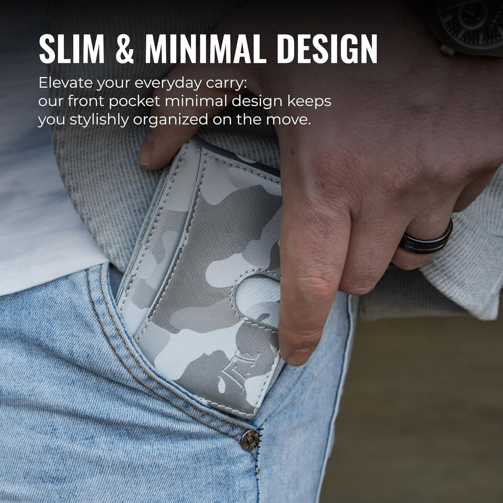 Kings Loot Money Clip Slim Minimalist Wallet for Men | RFID Blocking Leather Design with Money Clip | Front Pocket Bifold Holds 12 Cards | Stylish & Compact Wallets (Camo White)