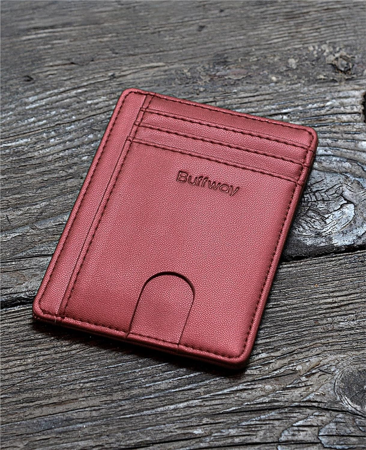 Buffway Slim Minimalist Front Pocket RFID Blocking Leather Wallets for Men and Women - Sand Rose Gold