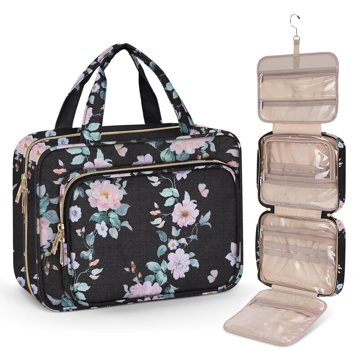 Wedama Toiletry Bag for Women, Large Cosmetic Travel Bag, Hanging Toiletry Bag for Bathroom, PVC Waterproof Makeup Bag, Toiletries Bag for Travel Business Trips and Camping, Black+Pink Floral