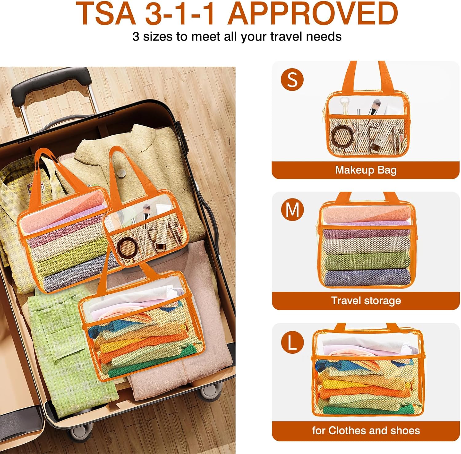 XEWEA Clear Travel Toiletry Bags, 3 Pack TSA Approved Transparent Makeup Bag for Men Women, Large Waterproof PVC Quart Organizer with Zipper for Toiletries Airline Essentials,Toy Storage Pouch Orange