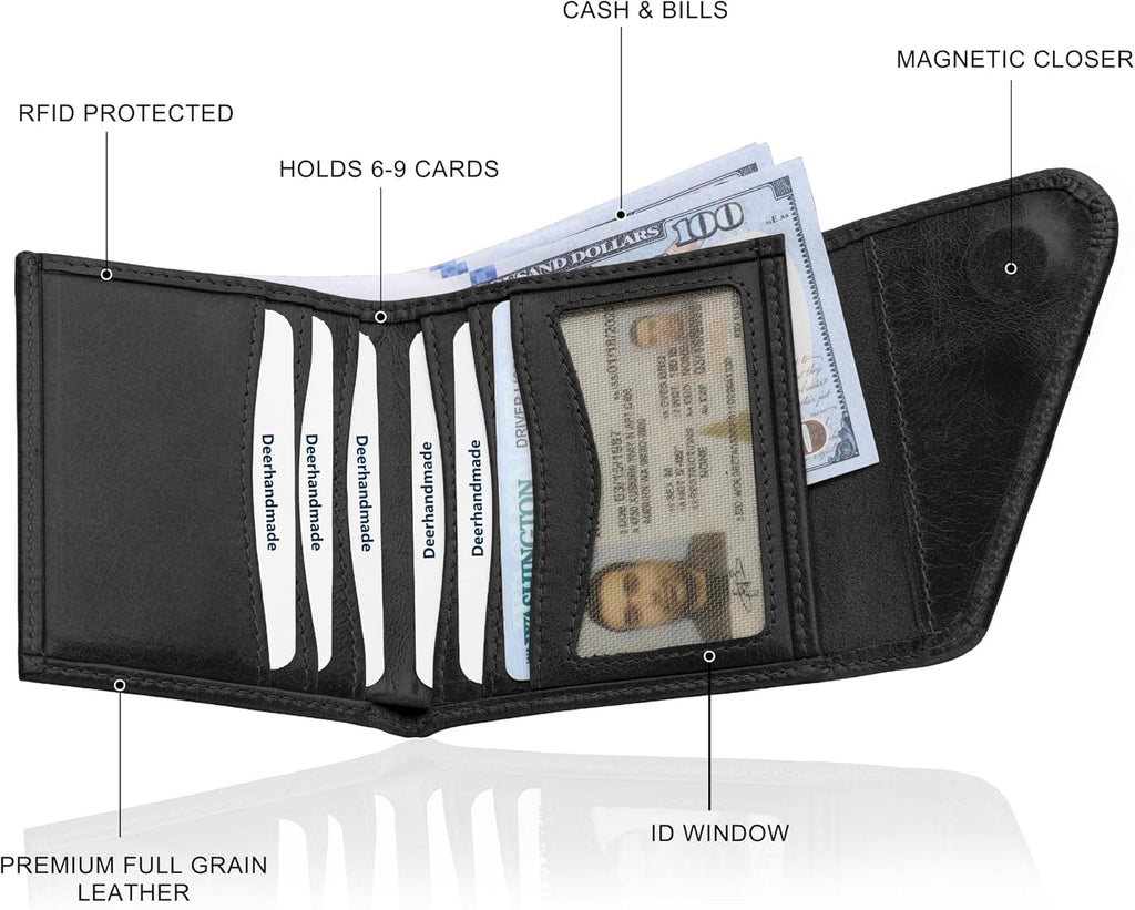 Leather RFID Wallet for Men, Slim Leather Mens Wallet, Handcraft Men's Wallets, Card Cases & Money Organizers, Magnetic Closure Sleek RFID Blocking Thin Mens Wallets with 9-12 Card Slots & Gift Box