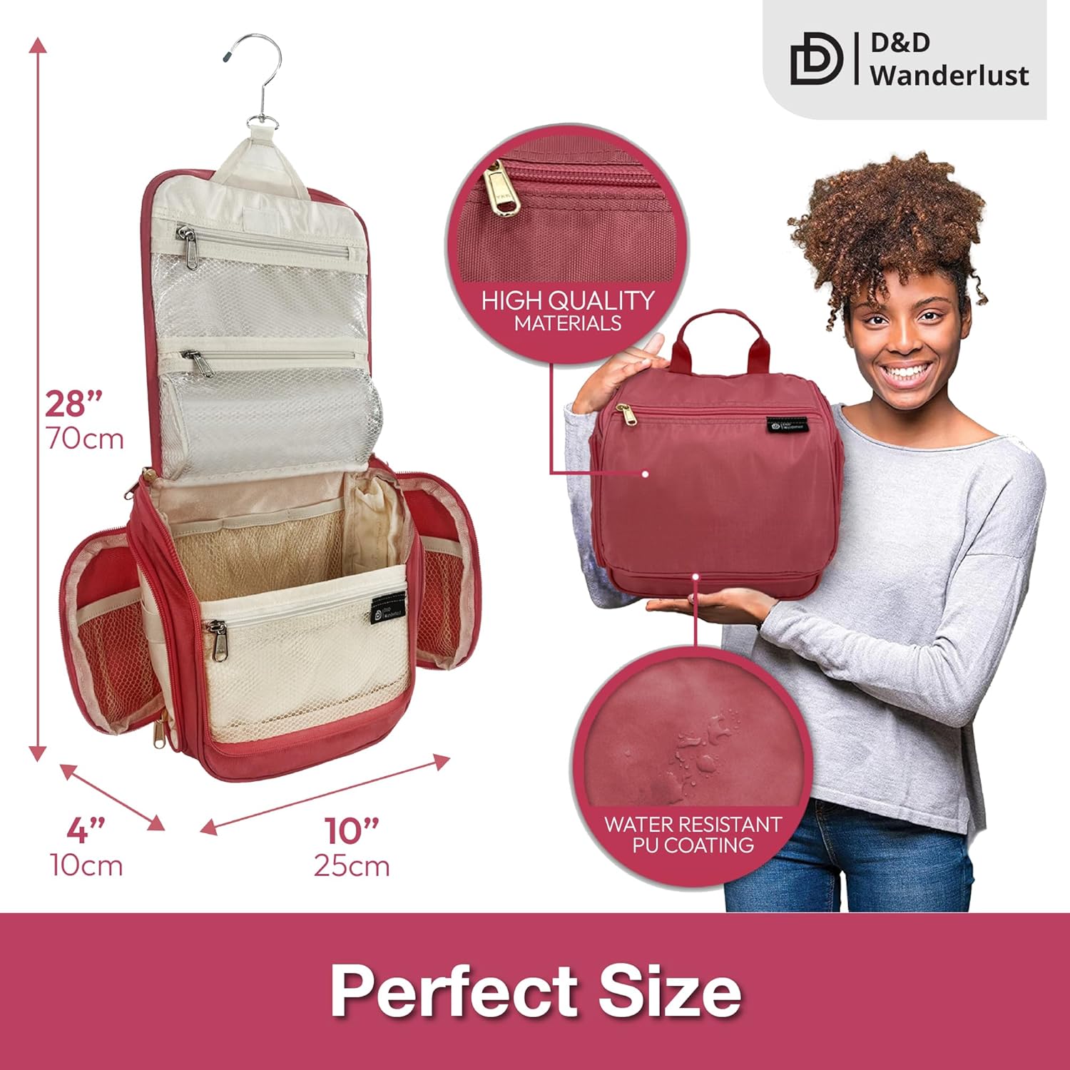 D&D Hanging Travel Toiletry Bag for Men and Women – Large Cosmetics, Makeup and Toiletries Organizer Kit with 10 Compartments, YKK Zippers, XXL Metal Swivel Hook, Water-Resistant Nylon