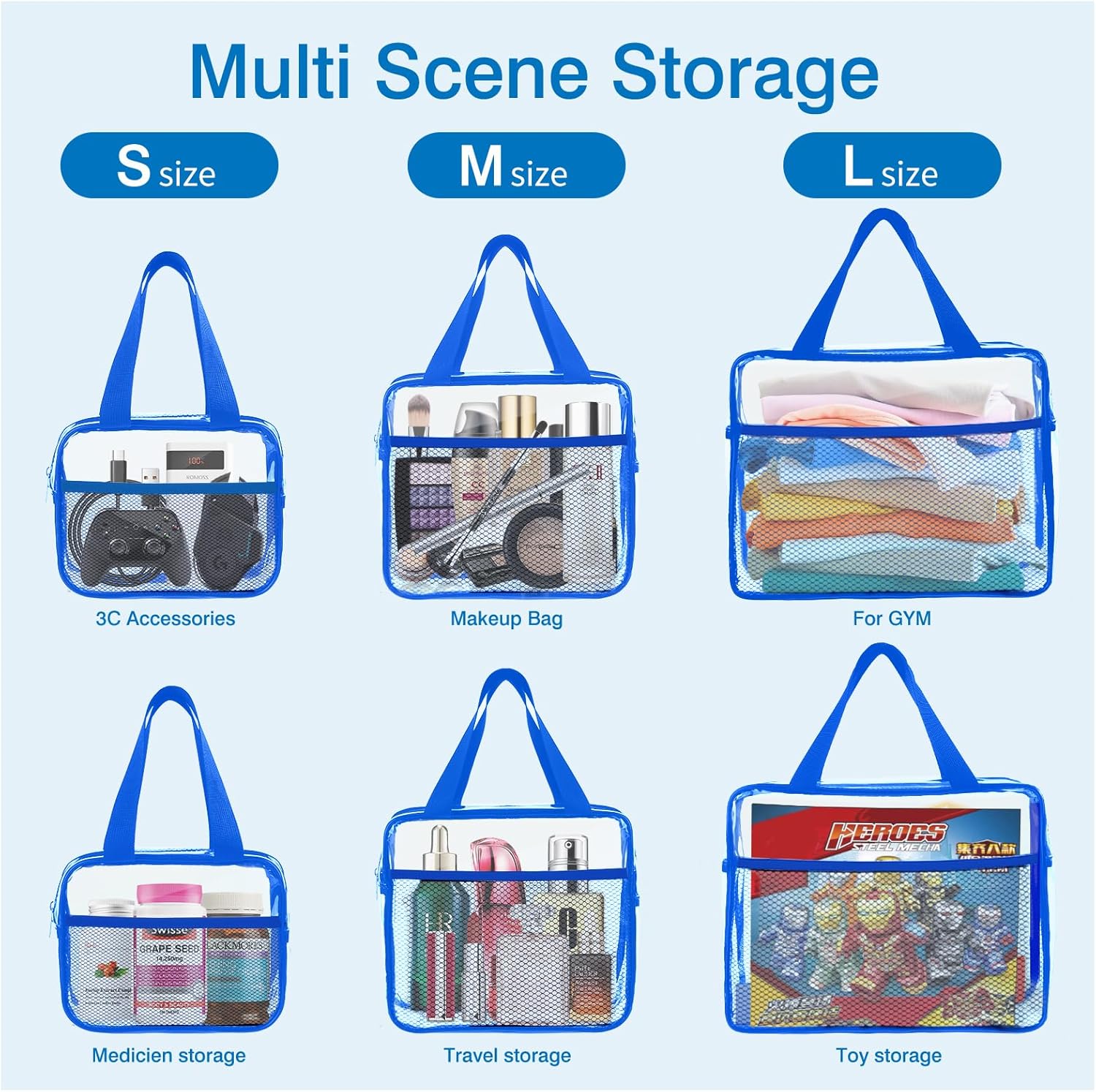 XEWEA Clear Travel Toiletry Bags, 3 Pack TSA Approved Transparent Makeup Bag for Men Women, Large Waterproof PVC Quart Organizer with Zipper for Toiletries Airline Essentials,Toy Storage Pouch Blue