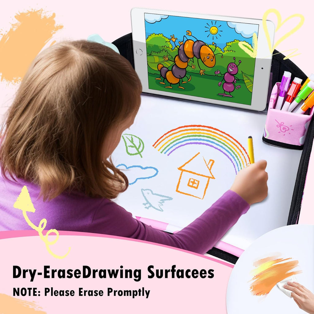 Kids Travel Tray, Travel Tray for Kids Car Seat, Toddler Car Seat Lap Tray, Carseat Tray for Kids Travel, Carseat Table Tray for Kids Travel Activities (Dark Pink)